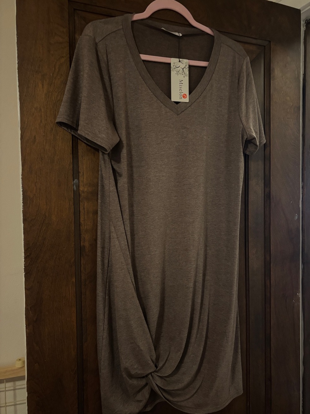 Soft V-Neck Knot Hem Tunic Top - Brown